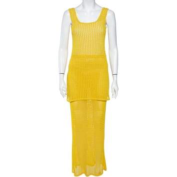 Pre Owned Celine Vintage Yellow Open Knit Long Tank Top & Maxi Skirt M