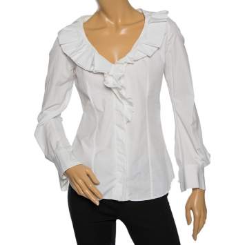 Pre Owned Celine White Cotton Ruffled Neck Detail Shirt M