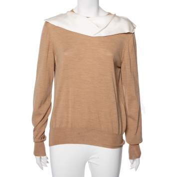 Pre Owned Celine Light Brown Merino Wool And Silk Collar Detail Sweater M