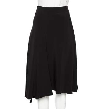 Pre Owned Celine Black Crepe Pleated Detail Asymmetrical Hem Midi Skirt S