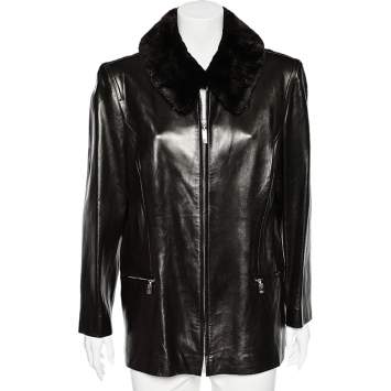 Celine Vintage Brown Leather Shearling Collar Zip Front Jacket L