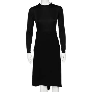 Pre Owned Celine Black Crepe & Silk Cut-Out Back Detailed Long Sleeve Dress M