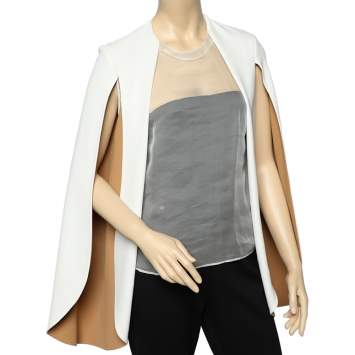 Pre Owned Celine Cream & Brown Crepe And Silk Cape Sleeve Sheer Detail Top M