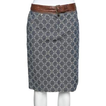 Pre Owned Celine Indigo Macadam Denim Detachable Leather Belt Skirt M