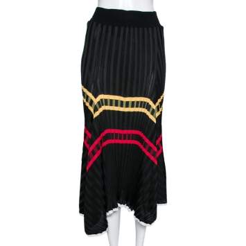 Pre Owned Celine Black Knit Striped Asymmetrical Midi Skirt S