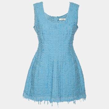 Pre Owned Celine Blue Tweed Fringed Hem Sleeveless Mini Dress M