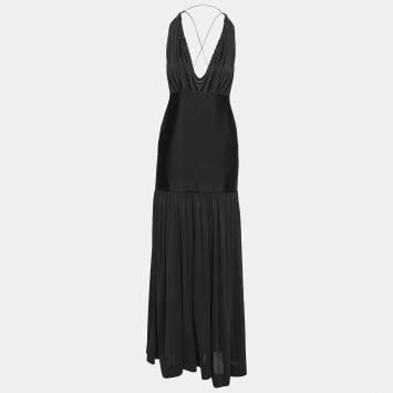 Pre Owned Celine Black Jersey & Knit Paneled Lace-Up Dress M