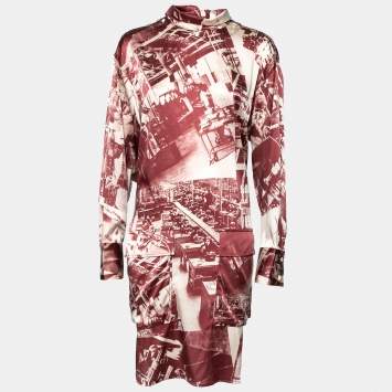 Pre Owned Celine Red Printed Silk Pocketed Dress L