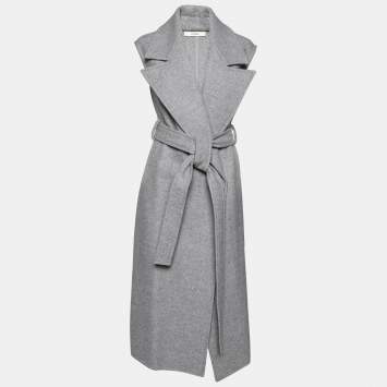 Pre Owned Celine Grey Wool and Leather Side Slit Detailed Belted Coat M