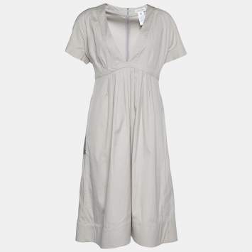 Pre Owned Celine Light Beige Cotton Pleat Detailed Plunge Neck Dress XL