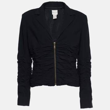 مملوكة مسبقًا Celine Black Crepe Wool Ruched Zip Front Jacket L