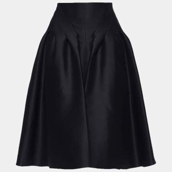 Pre Owned Celine Black Wool Pleat Detailed Knee Length Skirt L