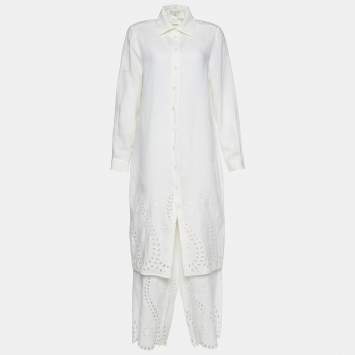 Pre Owned Celine Off White Linen Eyelet Patterned Button Front Tunic & Pant Set L 