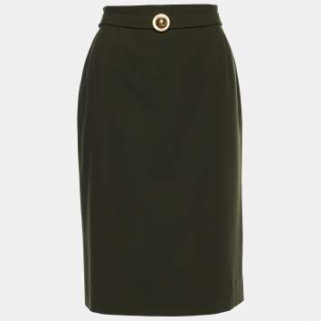 Pre Owned Celine Vintage Green Crepe Wool Pencil Skirt M