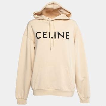 Pre Owned Celine Cream Cotton Logo Printed Long Sleeve Hoodie L