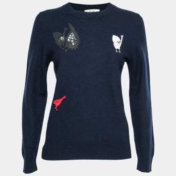 Pre Owned Celine Navy Blue Wool Embroidered Inset Detailed Long Sleeve Jumper S