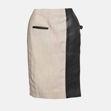 Pre Owned Celine Beige Linen & Leather Paneled Wrap Skirt M
