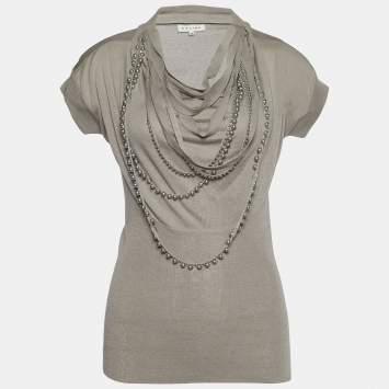 Pre Owned Celine Grey Jersey Beaded Detail Blouse M