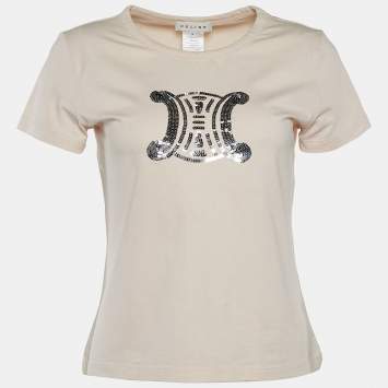 Pre Owned Celine Cream Cotton Sequin Embellished Crew Neck T-Shirt L 