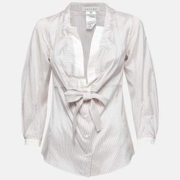 Pre Owned Celine White and Burgundy Silk Stripe Bow Front Blouse M