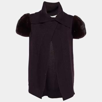 Pre Owned Celine Dark Purple Cashmere Knit Fur Sleeve Wrap Sweater M