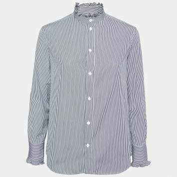 Pre Owned Celine Black & White Striped Cotton Frilled Collar Shirt M