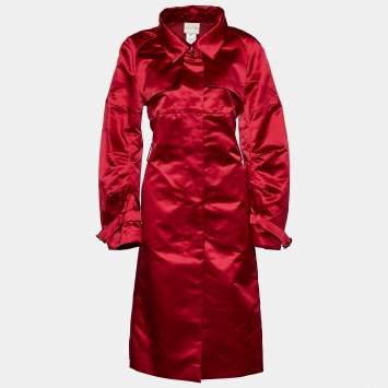 Pre Owned Celine Red Satin Mid Length Coat L
