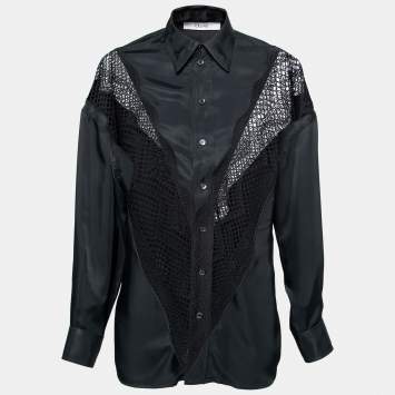 Pre Owned Celine Black Satin Lace Insert Long-Sleeve Shirt L   