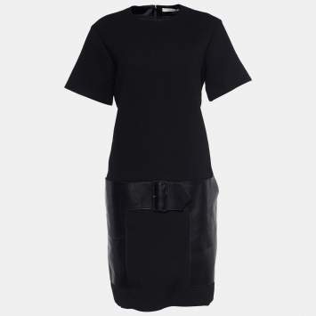 Pre Owned Celine Black Crepe Wool Leather Detail Shift Dress M