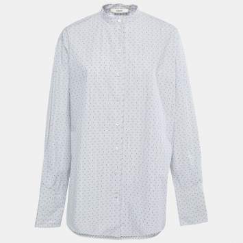 Pre Owned Celine White/ Blue Cotton Button Front Long Sleeve Shirt L
