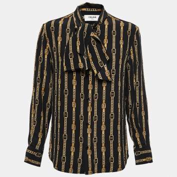 Pre Owned Celine Black Chain Printed Silk Tie-Neck Blouse M