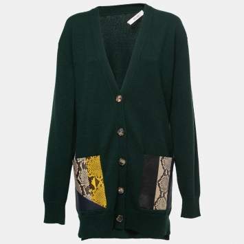 Pre Owned Celine Green Cashmere Python & Leather Pocket Detail Cardigan M