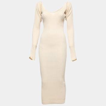 Pre Owned Celine Cream Ribbed Knit Long Bodycon Dress S