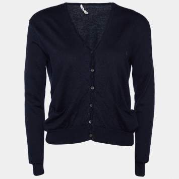 Pre Owned Celine Navy Blue Wool & Silk Knit Button Front Cardigan M