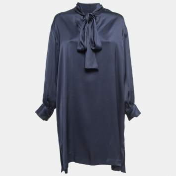 Pre Owned Celine Blue Silk Neck Tie Detail Long Sleeve Midi Dress S