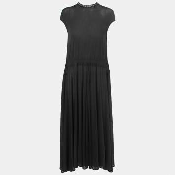 Pre Owned Celine Black Jersey Studded Leather Trimmed Sleeveless Flared Maxi Dress M