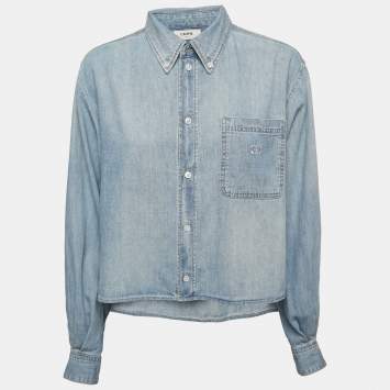 Pre Owned Celine Blue Washed Denim Button Front Full Sleeve Cropped Shirt L