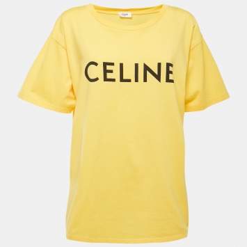 Pre Owned Celine Yellow Logo Printed Cotton Knit Oversized T-Shirt L