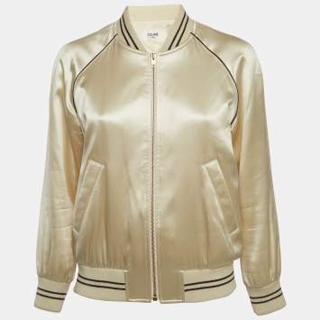 Pre Owned Celine Cream Satin Embroidered Bomber Jacket S