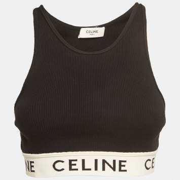 Pre Owned Celine Black Logo Intarsia Hem Rib Knit Halter Neck Crop Top S