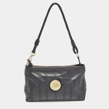 Pre Owned Celine Black Leather Carriage Plate Pochette Bag