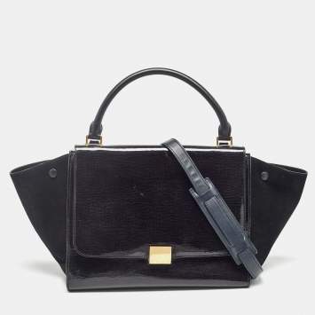 Pre Owned Celine Black Patent Leather and Suede Medium Trapeze Top Handle Bag