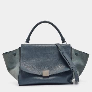 Pre Owned Celine Two Tone Blue Leather and Suede Medium Trapeze Bag