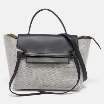 Pre Owned Celine Black/Off White Leather and Canvas Mini Belt Top Handle Bag