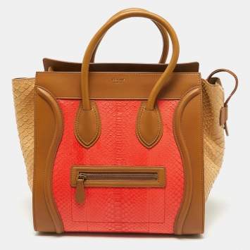 Pre Owned Celine Brown/Coral Orange Python and Leather Mini Luggage Tote