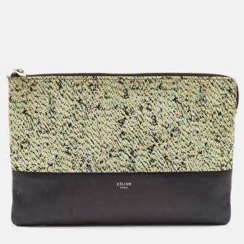 Pre Owned Celine Green/Black Textured Fabric and Leather Solo Pouch