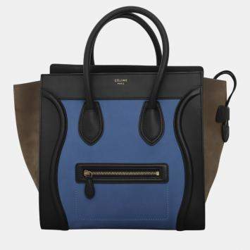 Pre Owned Celine Black, Blue, Dark Olive Green Leather Tricolor Mini Luggage Bag 