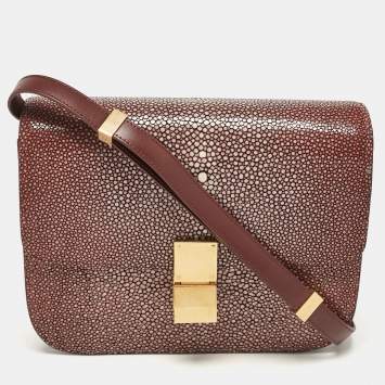 Pre Owned Celine Burgundy Stingray and Leather Medium Classic Box Shoulder Bag