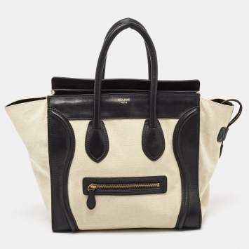 Pre Owned Celine Black/Off-White Canvas and Leather Mini Luggage Tote
