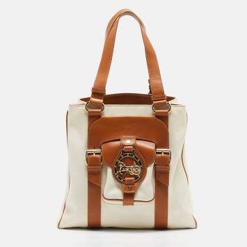 Pre Owned Celine Beige/Off White Canvas and Leather Horse Carriage Tote